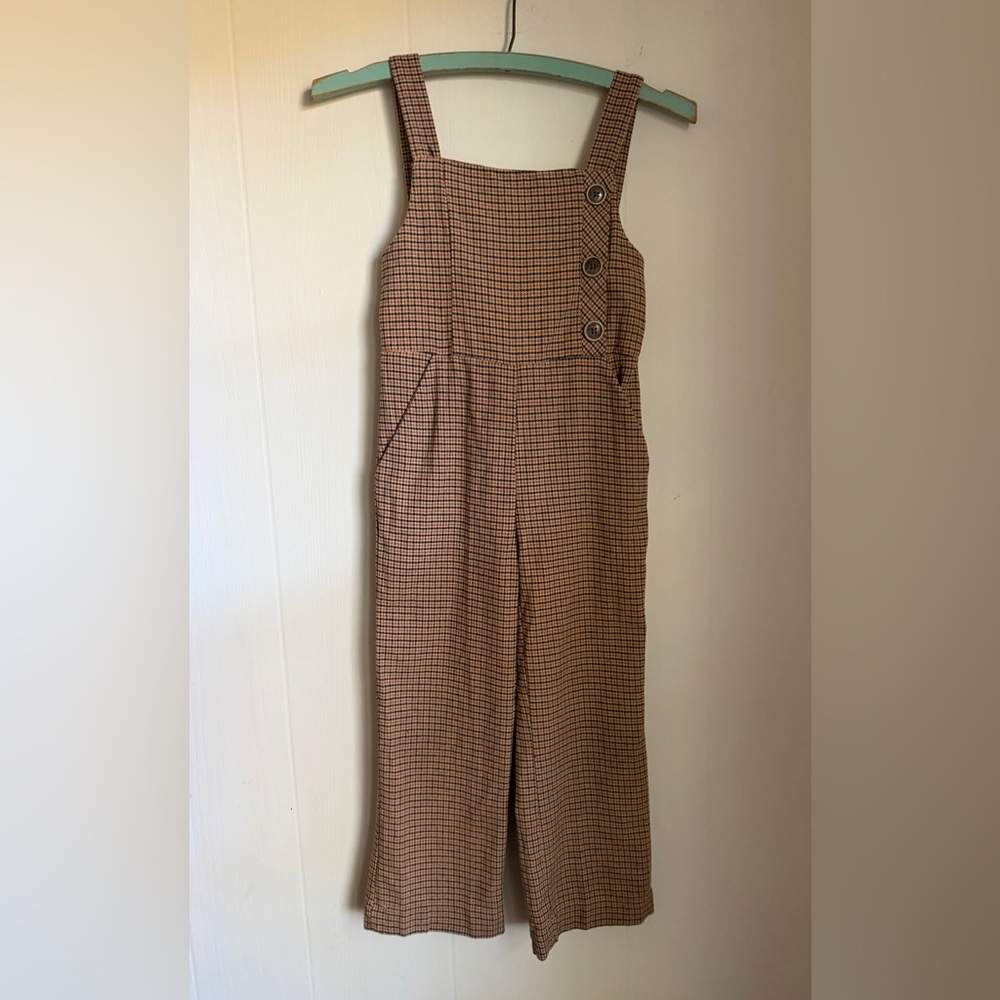 Zara Kids Girls Brown Houndstooth Overall Jumper Size 7 Straight Leg Y2K Grunge